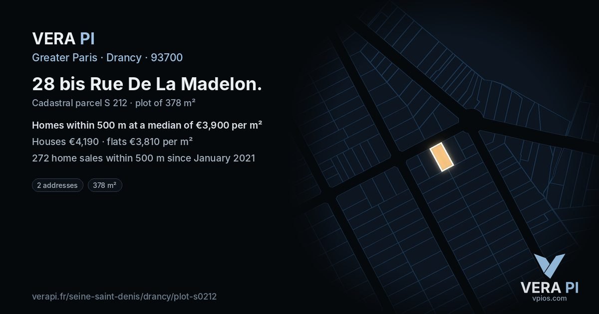 28 bis Rue De La Madelon, Drancy at night – the plot lit, the parcels around coloured by the prices near them