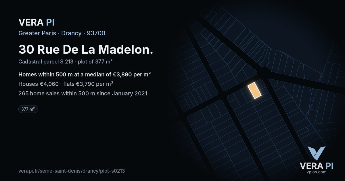 30 Rue De La Madelon, Drancy at night – the plot lit, the parcels around coloured by the prices near them