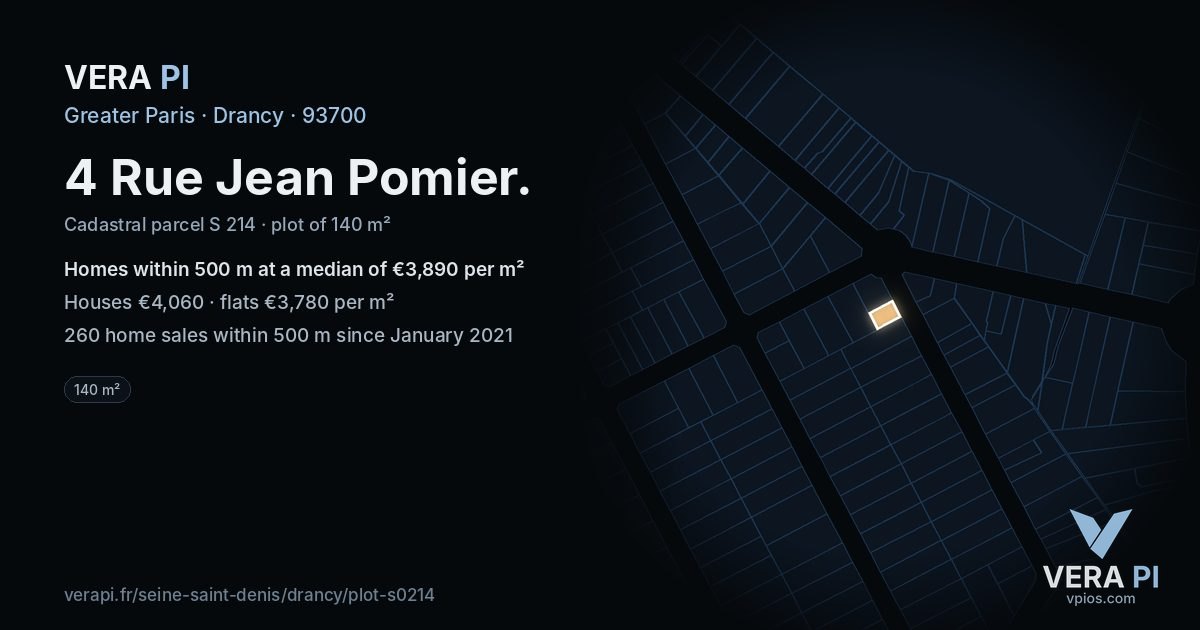 4 Rue Jean Pomier, Drancy at night – the plot lit, the parcels around coloured by the prices near them