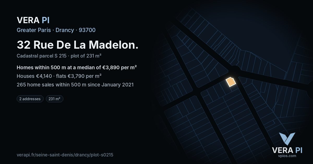 32 Rue De La Madelon, Drancy at night – the plot lit, the parcels around coloured by the prices near them