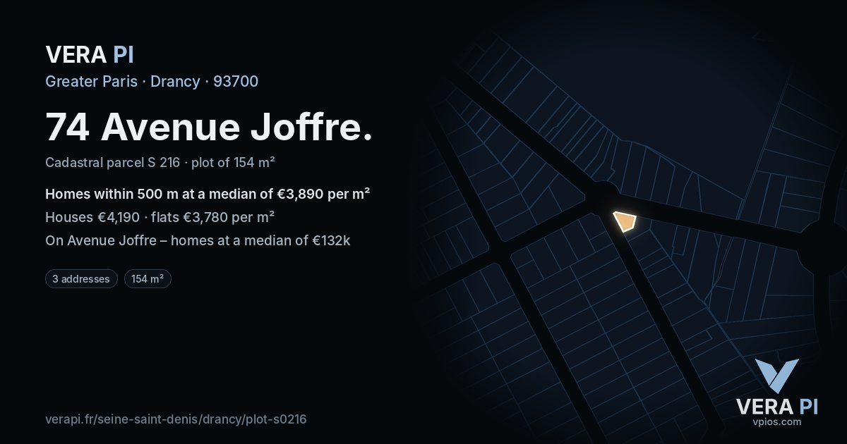 74 Avenue Joffre, Drancy at night – the plot lit, the parcels around coloured by the prices near them