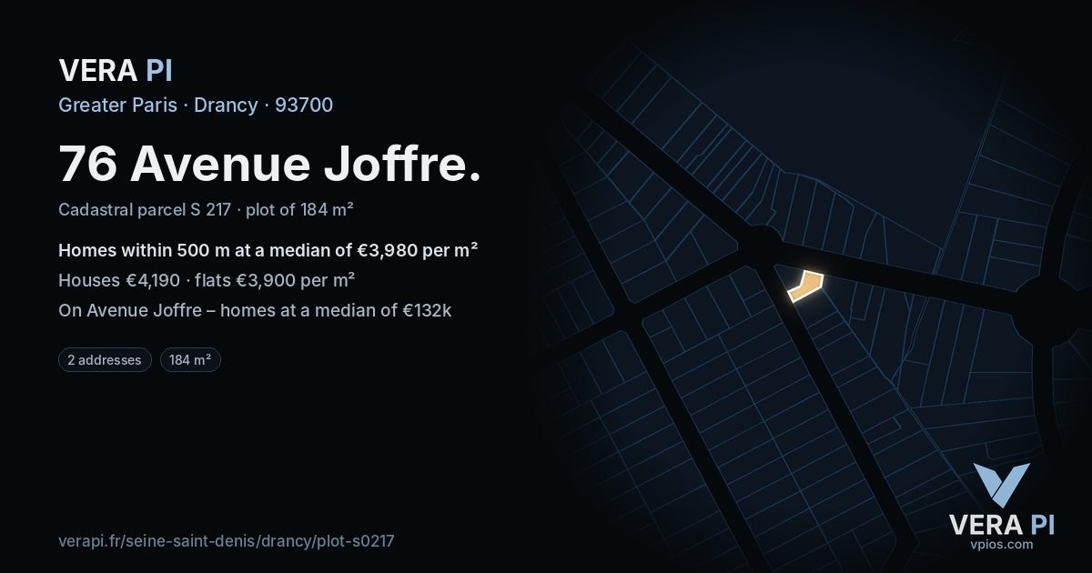 76 Avenue Joffre, Drancy at night – the plot lit, the parcels around coloured by the prices near them