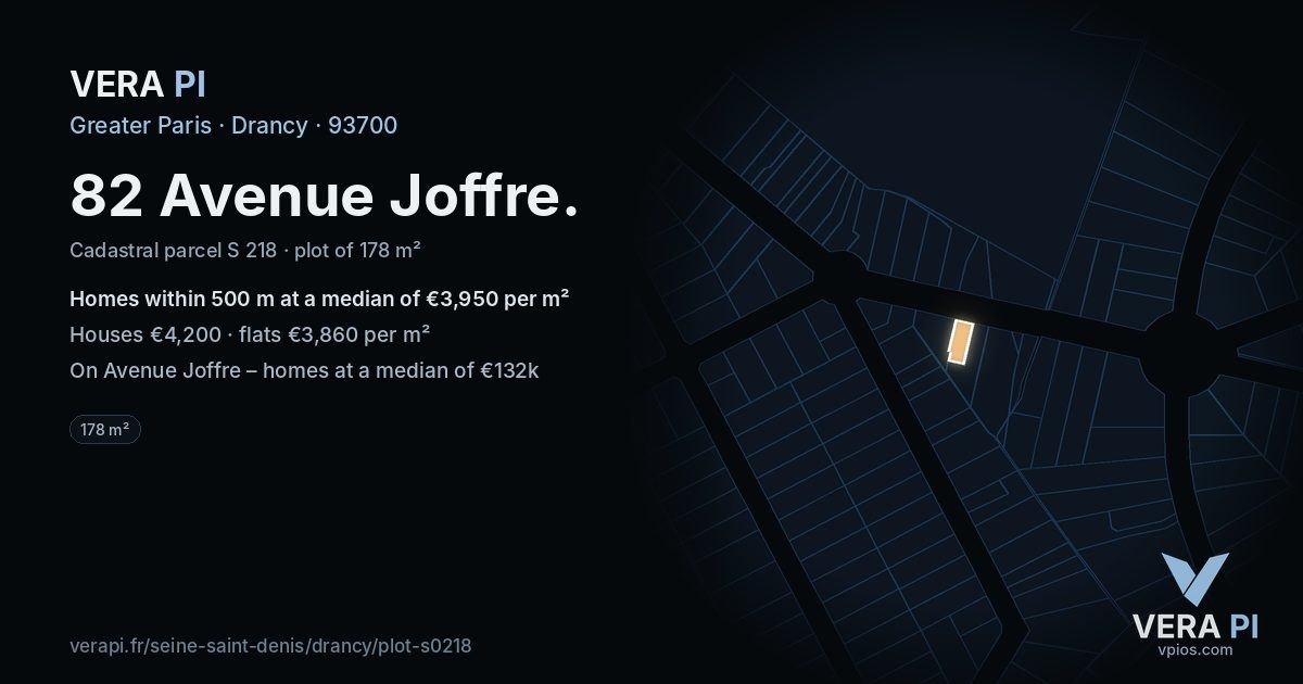 82 Avenue Joffre, Drancy at night – the plot lit, the parcels around coloured by the prices near them
