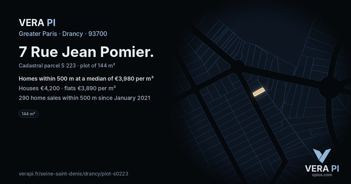7 Rue Jean Pomier, Drancy at night – the plot lit, the parcels around coloured by the prices near them