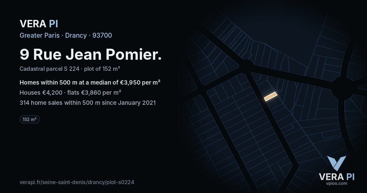 9 Rue Jean Pomier, Drancy at night – the plot lit, the parcels around coloured by the prices near them