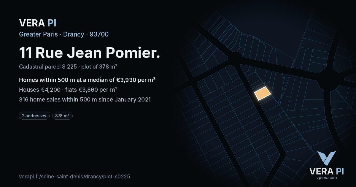 11 Rue Jean Pomier, Drancy at night – the plot lit, the parcels around coloured by the prices near them