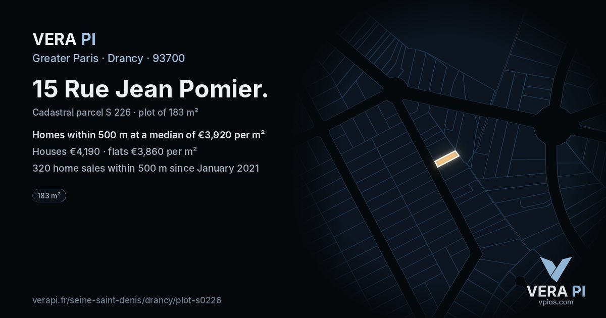 15 Rue Jean Pomier, Drancy at night – the plot lit, the parcels around coloured by the prices near them