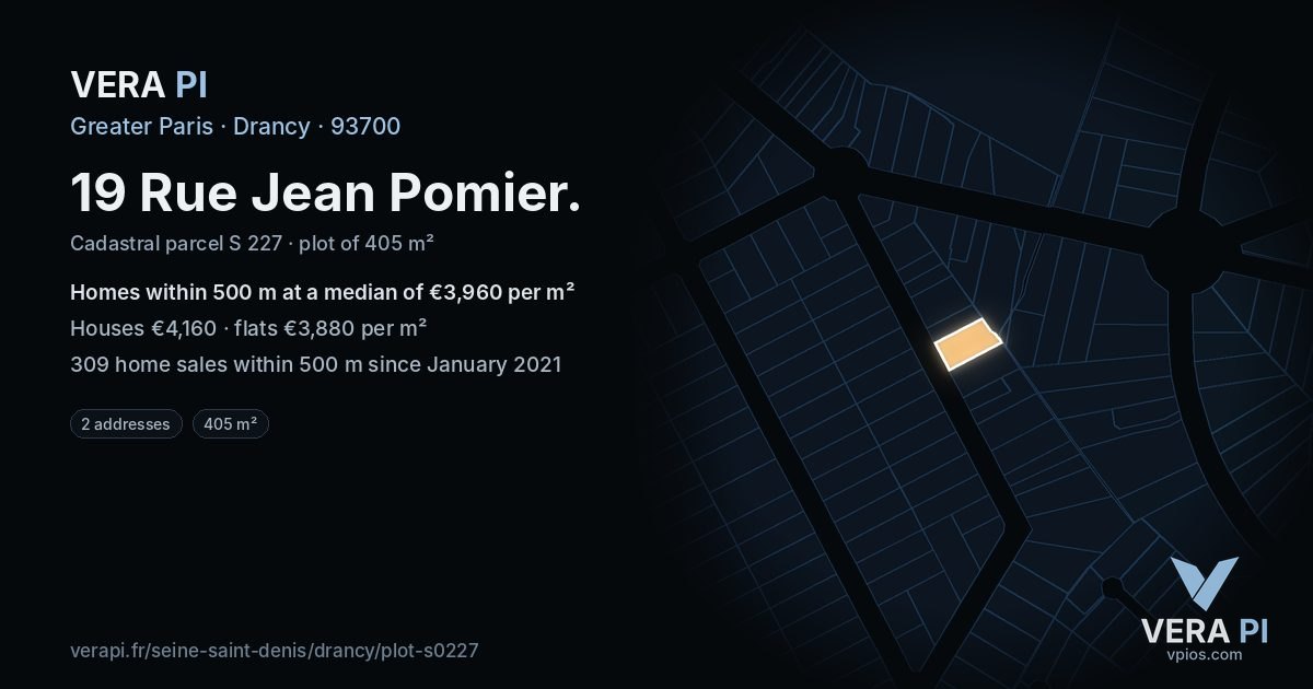 19 Rue Jean Pomier, Drancy at night – the plot lit, the parcels around coloured by the prices near them
