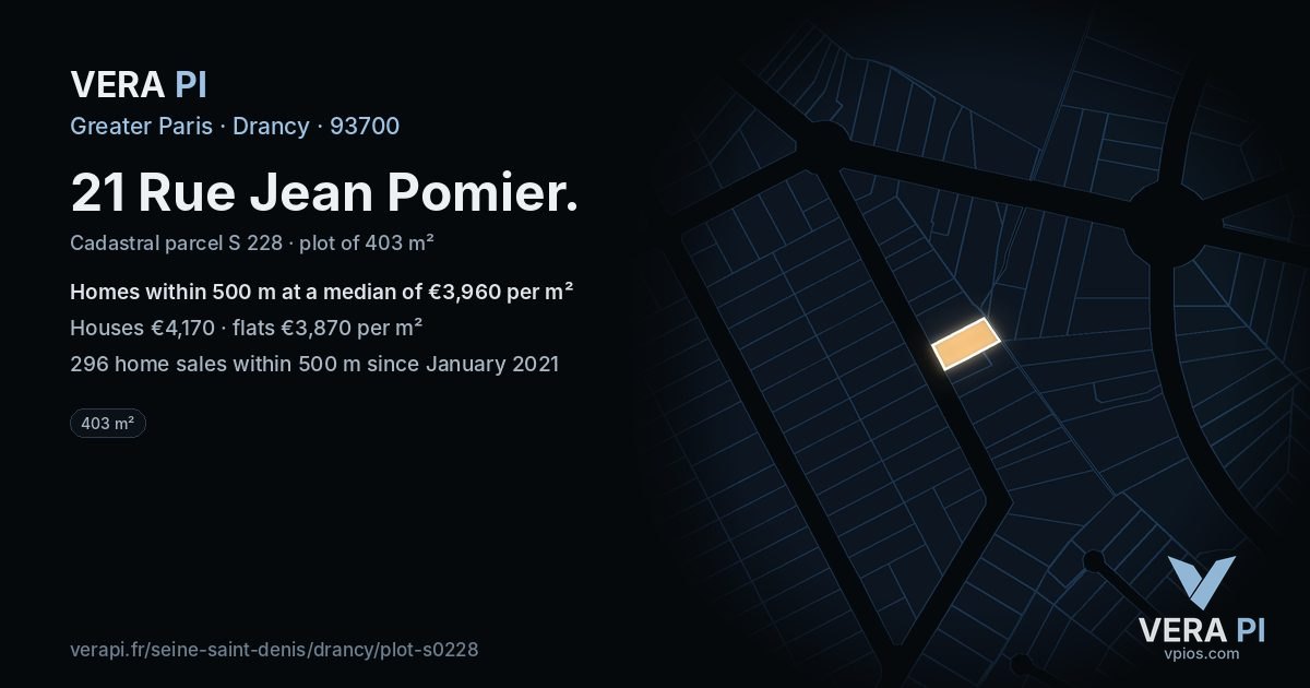 21 Rue Jean Pomier, Drancy at night – the plot lit, the parcels around coloured by the prices near them
