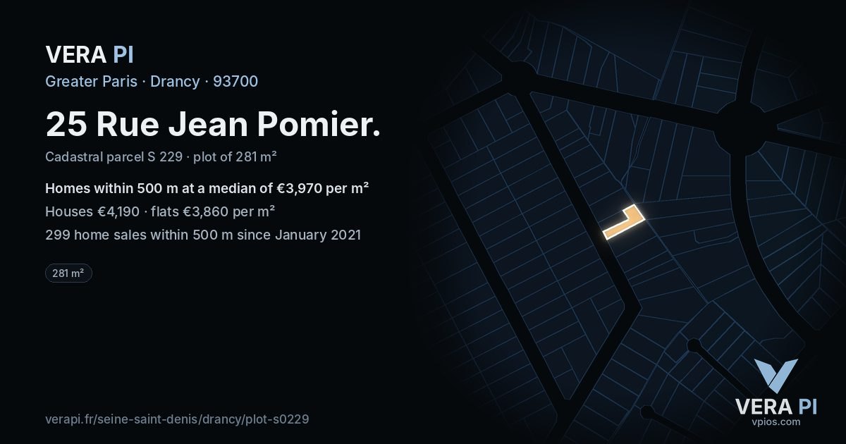 25 Rue Jean Pomier, Drancy at night – the plot lit, the parcels around coloured by the prices near them