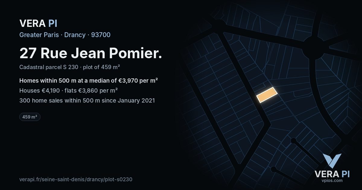27 Rue Jean Pomier, Drancy at night – the plot lit, the parcels around coloured by the prices near them