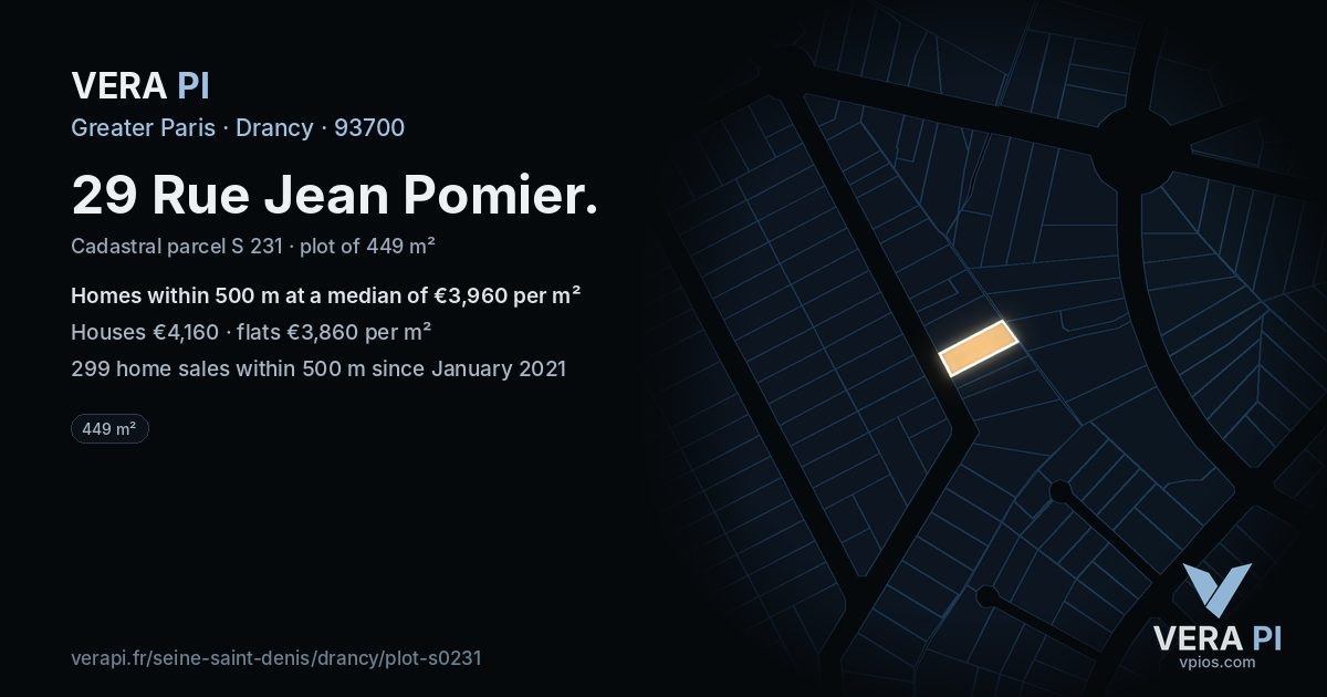 29 Rue Jean Pomier, Drancy at night – the plot lit, the parcels around coloured by the prices near them