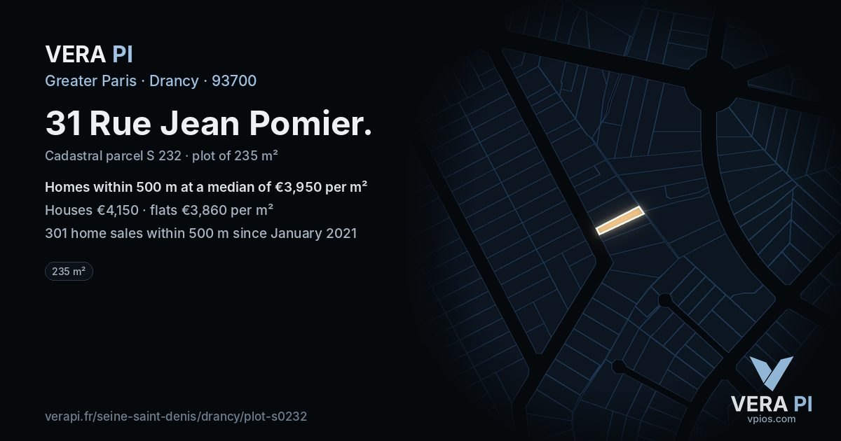 31 Rue Jean Pomier, Drancy at night – the plot lit, the parcels around coloured by the prices near them