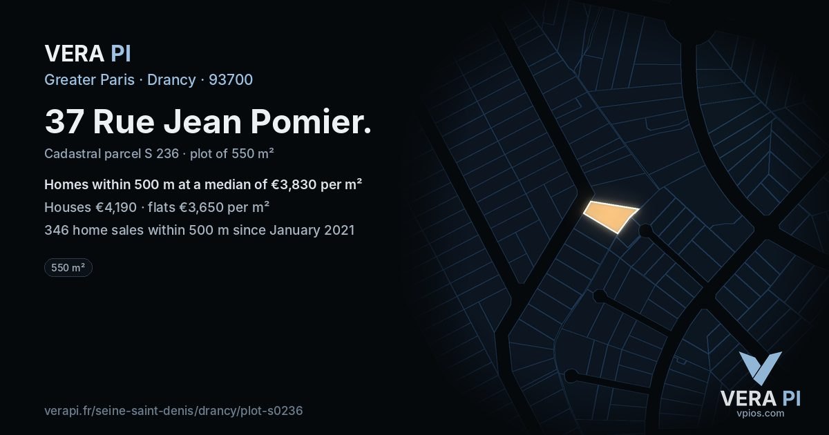 37 Rue Jean Pomier, Drancy at night – the plot lit, the parcels around coloured by the prices near them