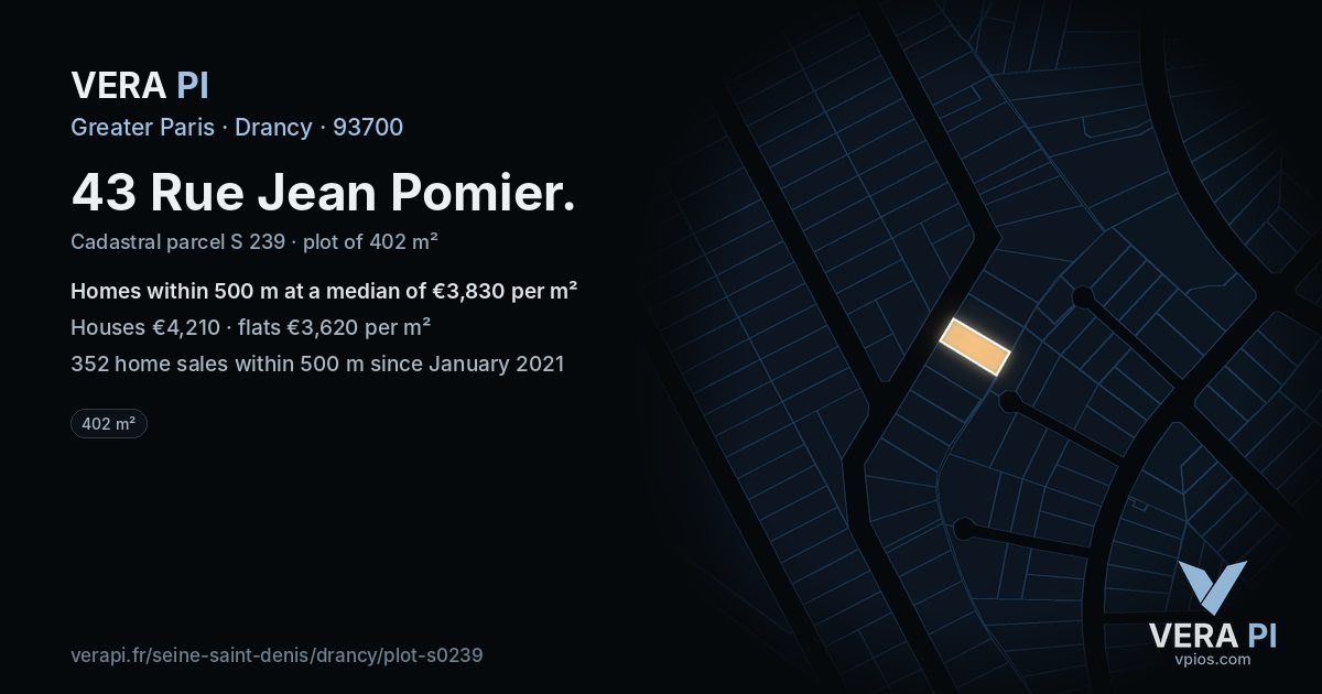 43 Rue Jean Pomier, Drancy at night – the plot lit, the parcels around coloured by the prices near them