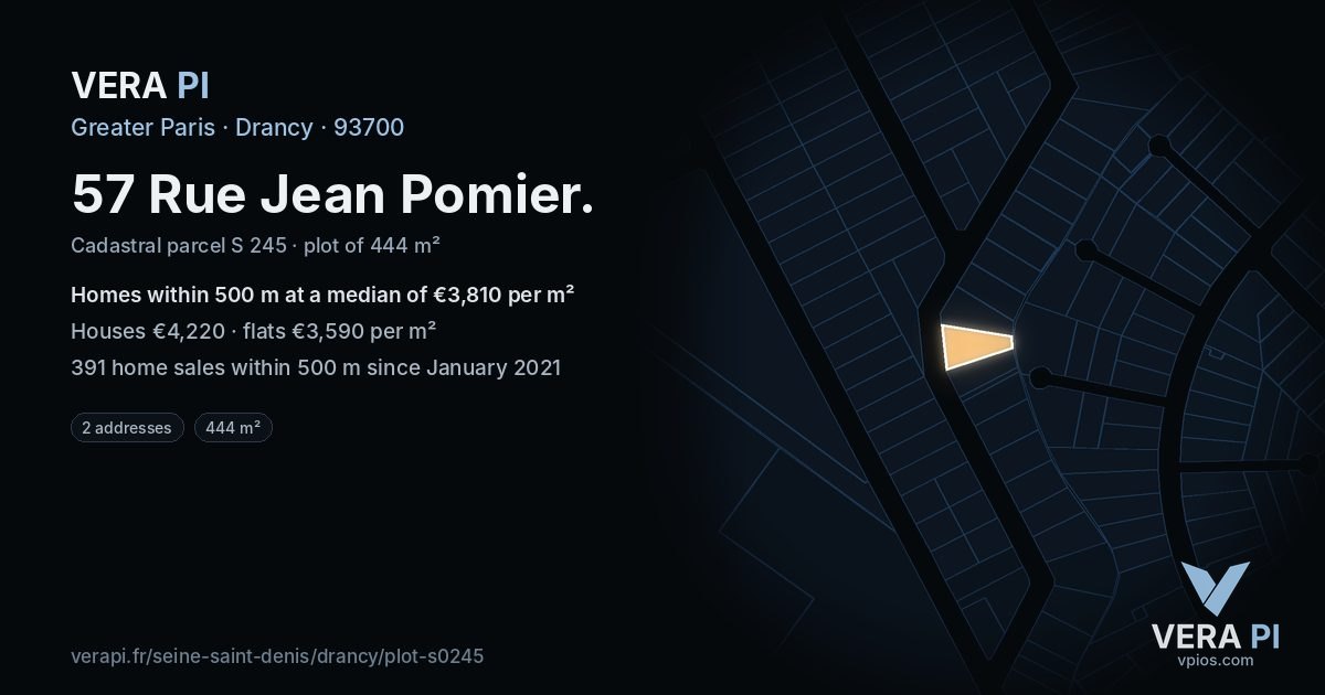 57 Rue Jean Pomier, Drancy at night – the plot lit, the parcels around coloured by the prices near them