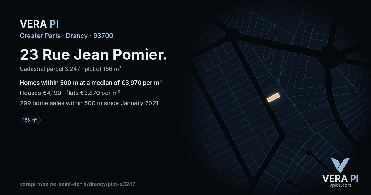 23 Rue Jean Pomier, Drancy at night – the plot lit, the parcels around coloured by the prices near them