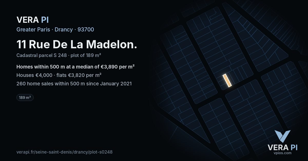 11 Rue De La Madelon, Drancy at night – the plot lit, the parcels around coloured by the prices near them