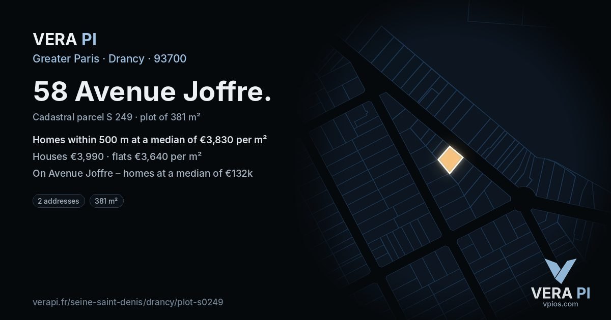 58 Avenue Joffre, Drancy at night – the plot lit, the parcels around coloured by the prices near them