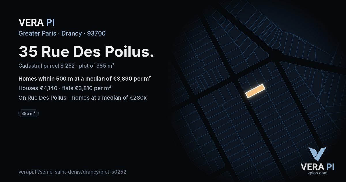 35 Rue Des Poilus, Drancy at night – the plot lit, the parcels around coloured by the prices near them