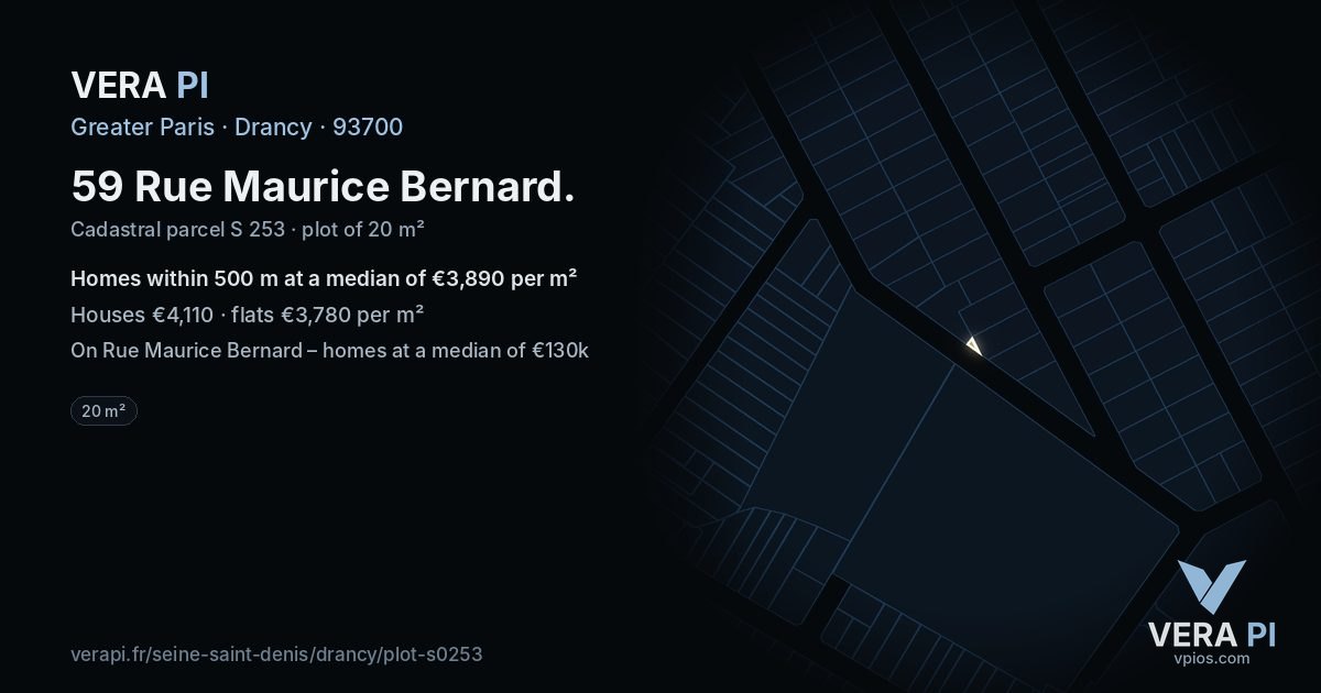 59 Rue Maurice Bernard, Drancy at night – the plot lit, the parcels around coloured by the prices near them