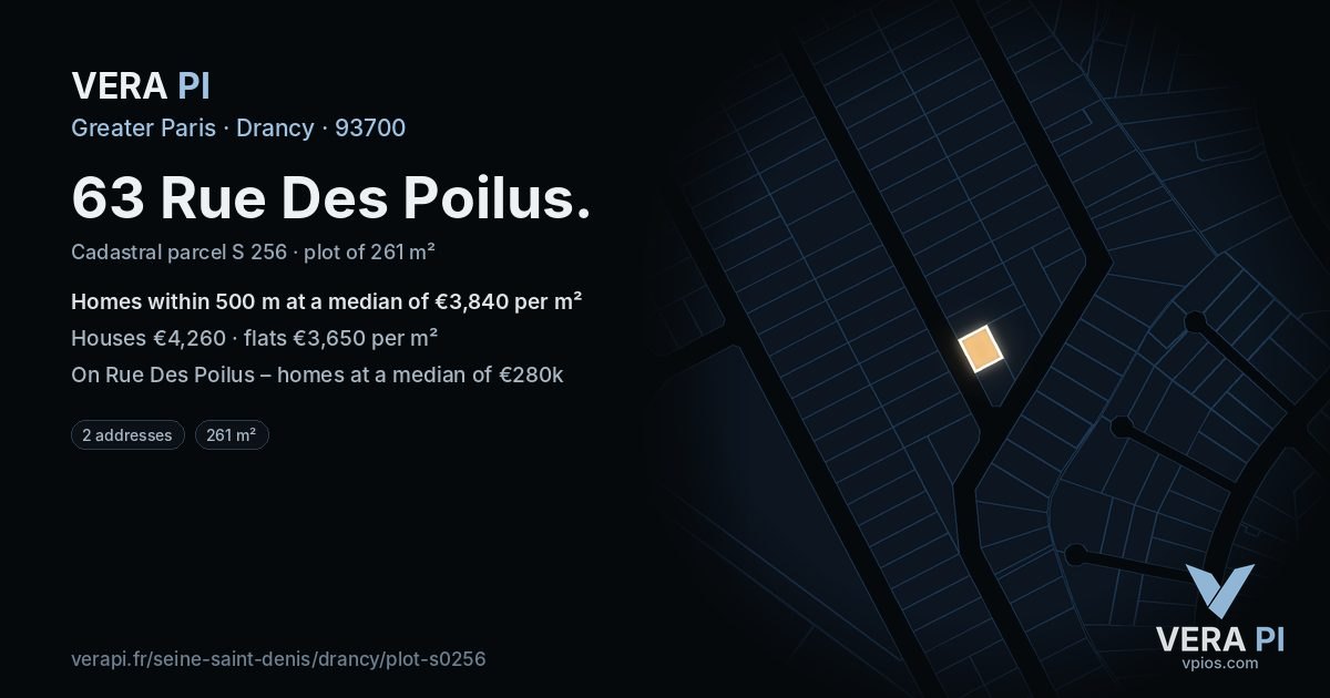 63 Rue Des Poilus, Drancy at night – the plot lit, the parcels around coloured by the prices near them