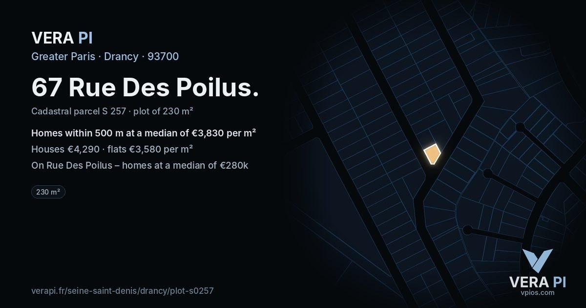 67 Rue Des Poilus, Drancy at night – the plot lit, the parcels around coloured by the prices near them