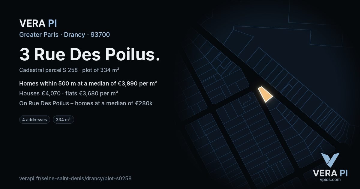 3 Rue Des Poilus, Drancy at night – the plot lit, the parcels around coloured by the prices near them