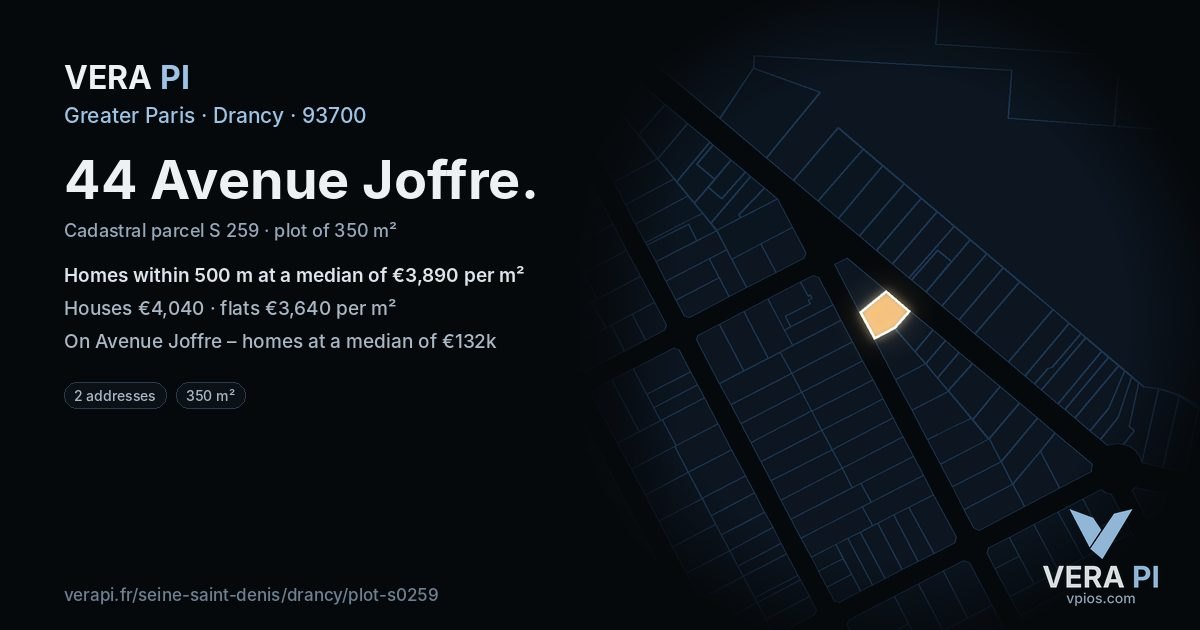 44 Avenue Joffre, Drancy at night – the plot lit, the parcels around coloured by the prices near them