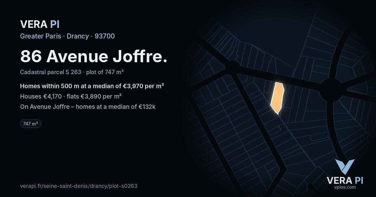 86 Avenue Joffre, Drancy at night – the plot lit, the parcels around coloured by the prices near them