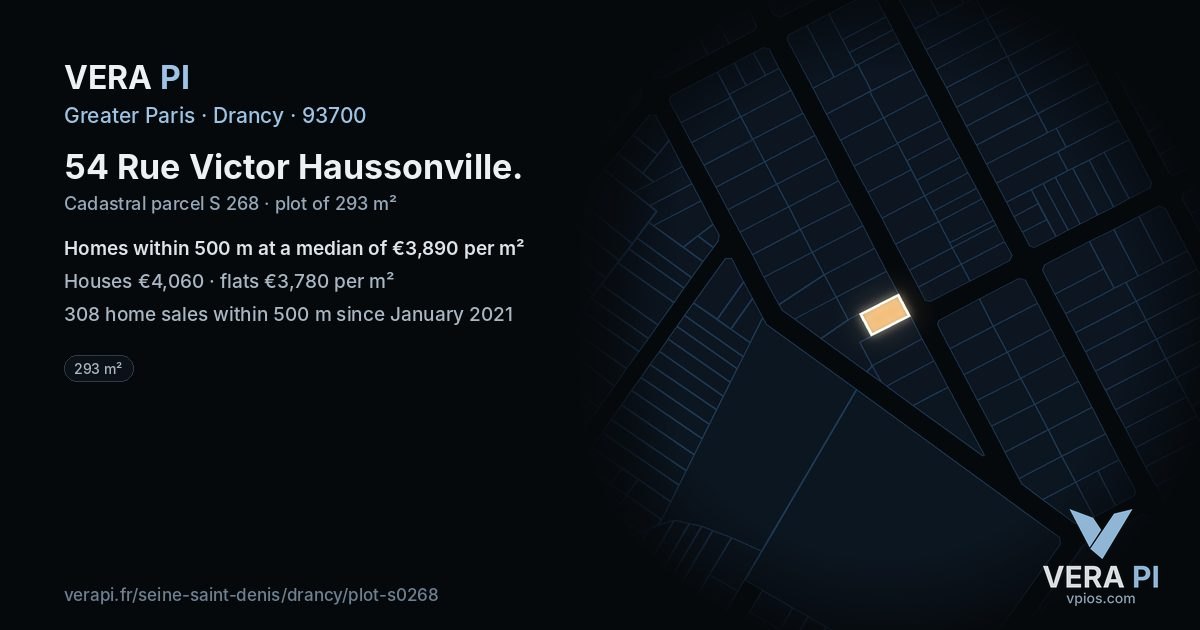 54 Rue Victor Haussonville, Drancy at night – the plot lit, the parcels around coloured by the prices near them