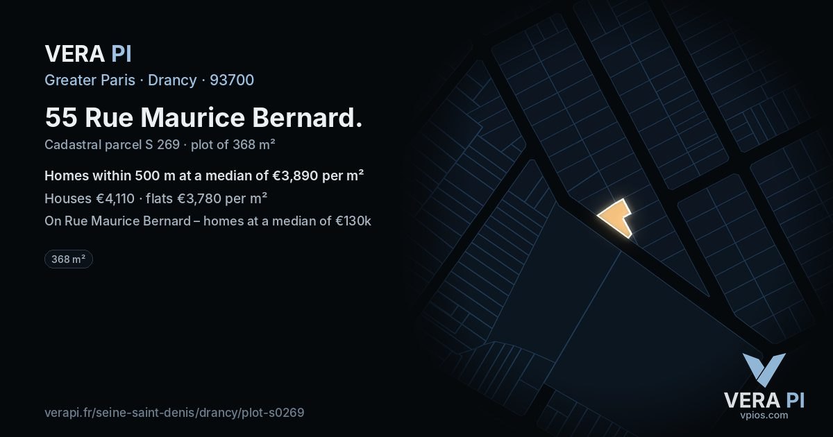 55 Rue Maurice Bernard, Drancy at night – the plot lit, the parcels around coloured by the prices near them