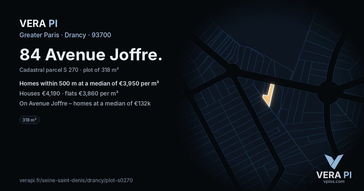 84 Avenue Joffre, Drancy at night – the plot lit, the parcels around coloured by the prices near them