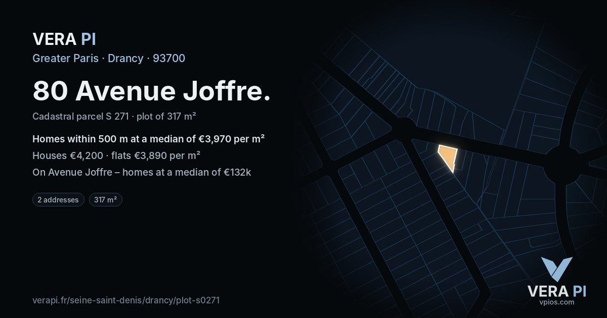 80 Avenue Joffre, Drancy at night – the plot lit, the parcels around coloured by the prices near them