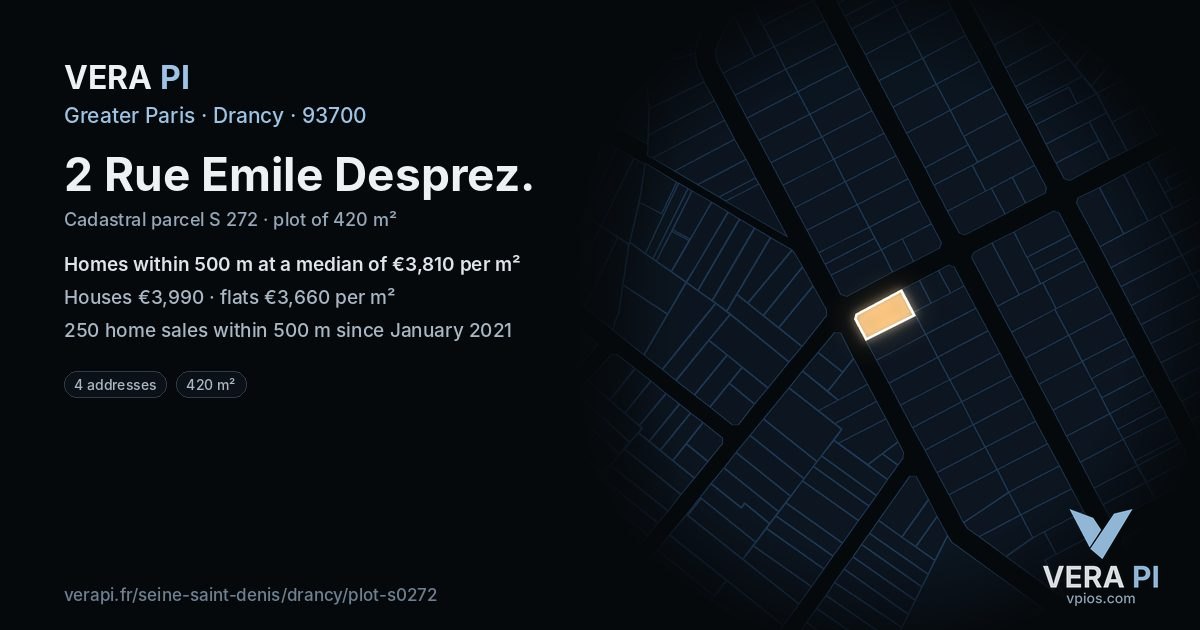 2 Rue Emile Desprez, Drancy at night – the plot lit, the parcels around coloured by the prices near them