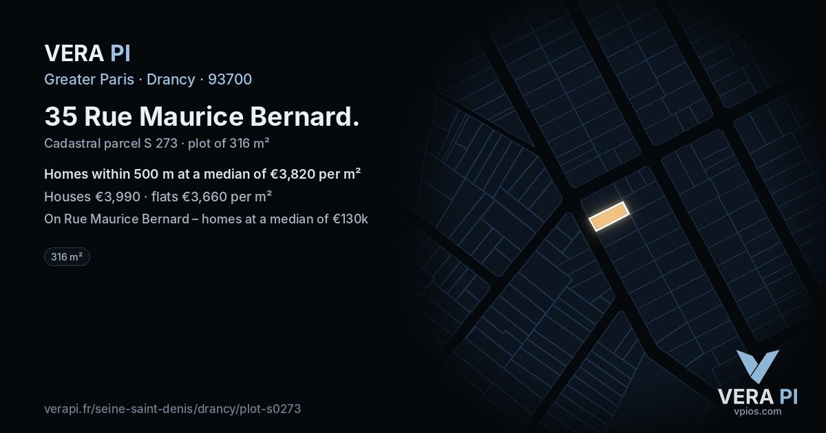 35 Rue Maurice Bernard, Drancy at night – the plot lit, the parcels around coloured by the prices near them