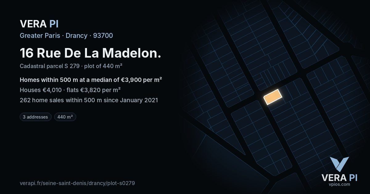 16 Rue De La Madelon, Drancy at night – the plot lit, the parcels around coloured by the prices near them