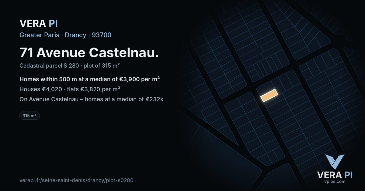 71 Avenue Castelnau, Drancy at night – the plot lit, the parcels around coloured by the prices near them