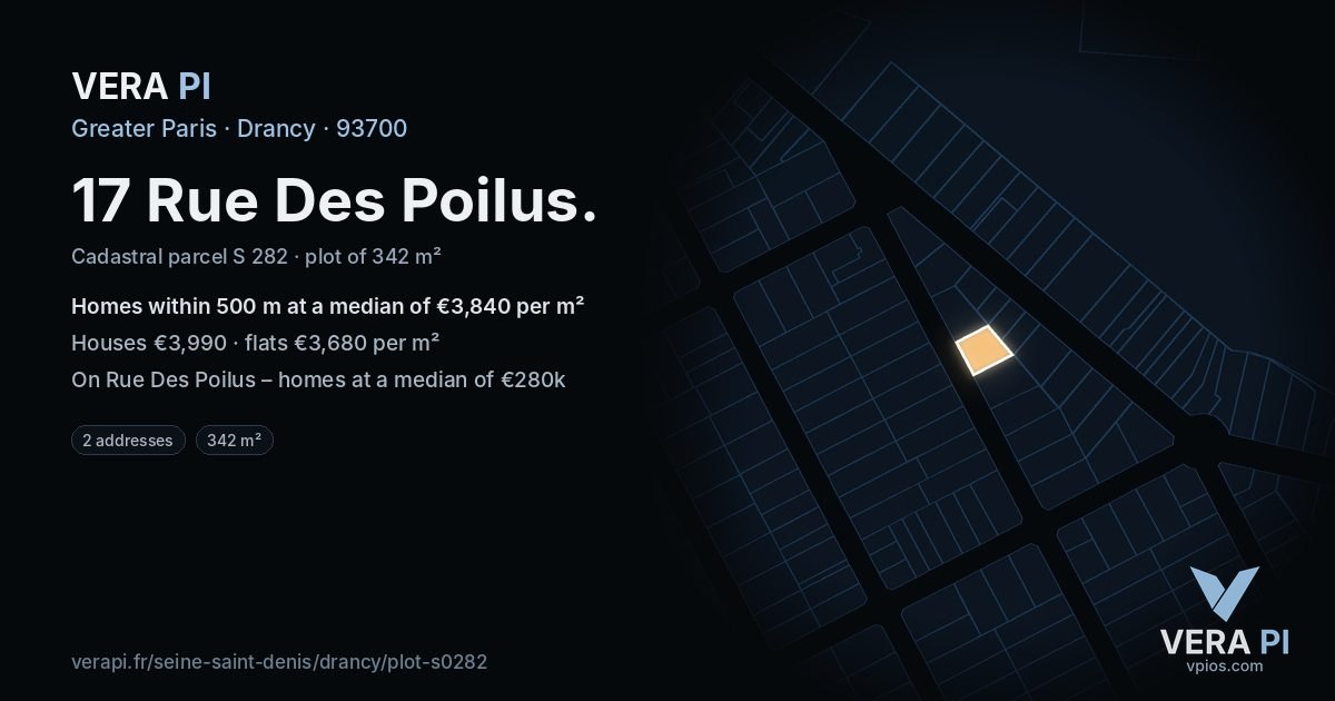 17 Rue Des Poilus, Drancy at night – the plot lit, the parcels around coloured by the prices near them