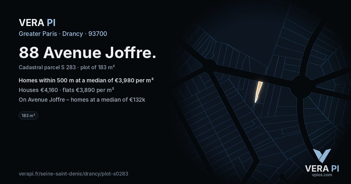 88 Avenue Joffre, Drancy at night – the plot lit, the parcels around coloured by the prices near them