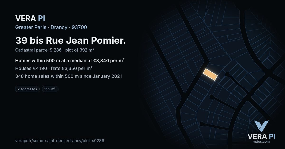 39 bis Rue Jean Pomier, Drancy at night – the plot lit, the parcels around coloured by the prices near them