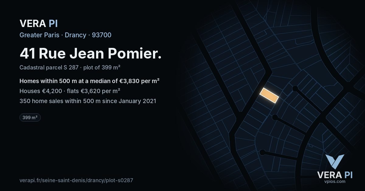 41 Rue Jean Pomier, Drancy at night – the plot lit, the parcels around coloured by the prices near them