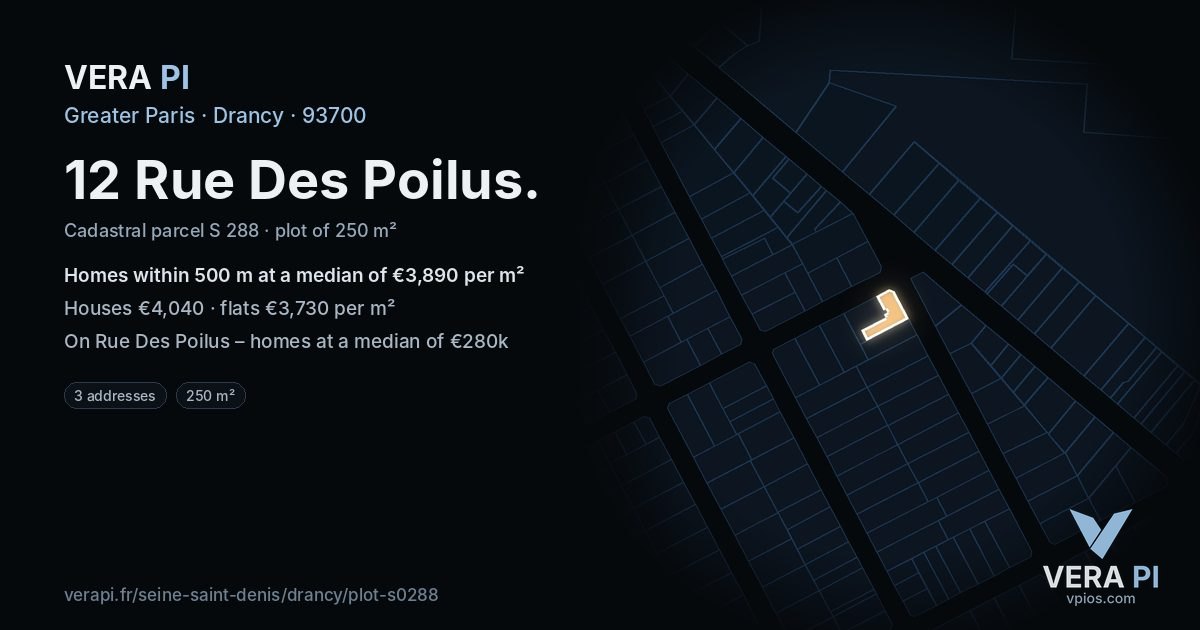 12 Rue Des Poilus, Drancy at night – the plot lit, the parcels around coloured by the prices near them