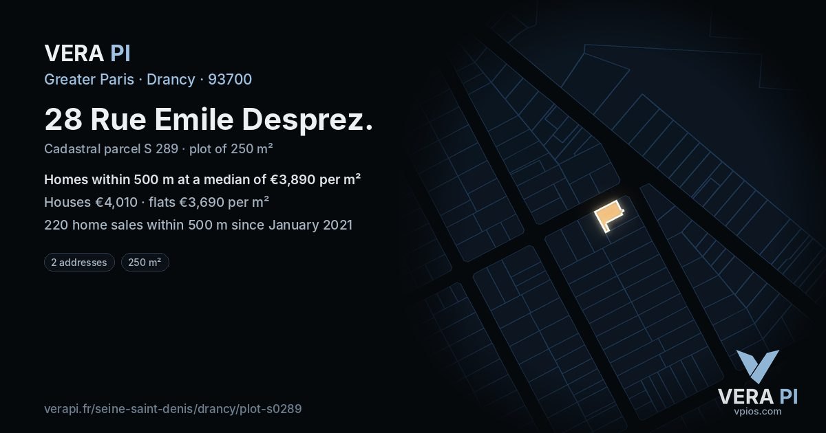 28 Rue Emile Desprez, Drancy at night – the plot lit, the parcels around coloured by the prices near them