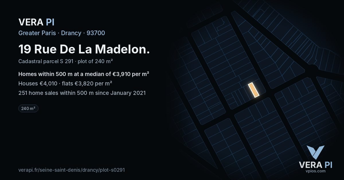 19 Rue De La Madelon, Drancy at night – the plot lit, the parcels around coloured by the prices near them