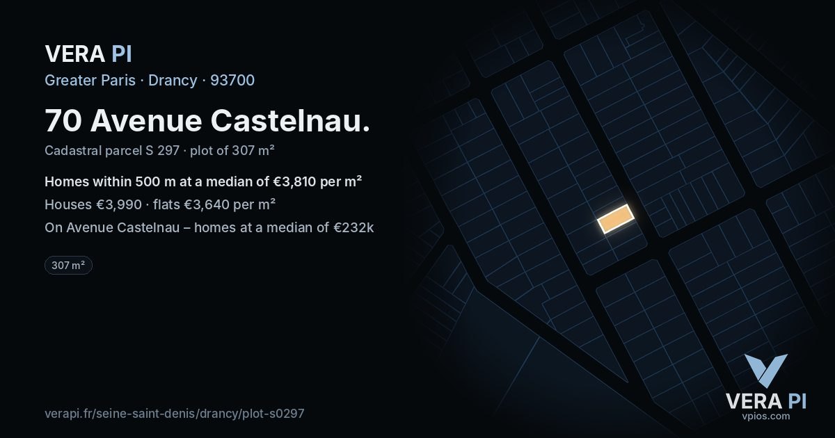 70 Avenue Castelnau, Drancy at night – the plot lit, the parcels around coloured by the prices near them