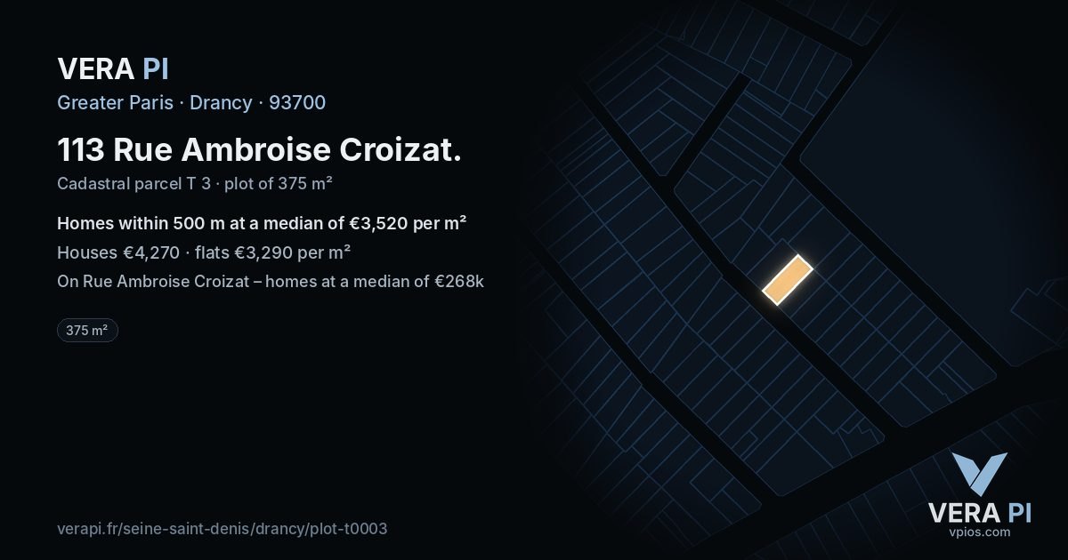 113 Rue Ambroise Croizat, Drancy at night – the plot lit, the parcels around coloured by the prices near them