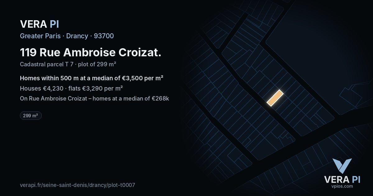 119 Rue Ambroise Croizat, Drancy at night – the plot lit, the parcels around coloured by the prices near them