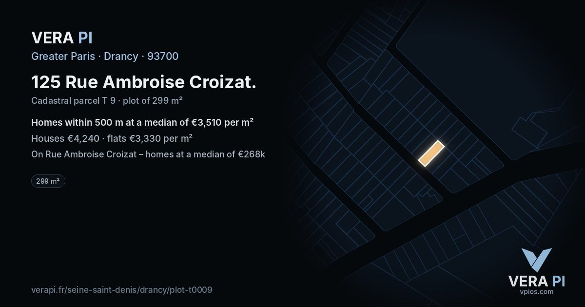 125 Rue Ambroise Croizat, Drancy at night – the plot lit, the parcels around coloured by the prices near them