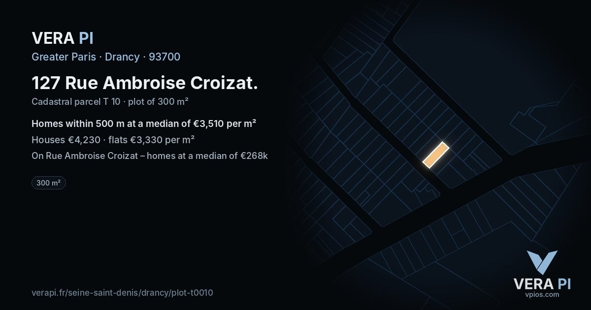127 Rue Ambroise Croizat, Drancy at night – the plot lit, the parcels around coloured by the prices near them